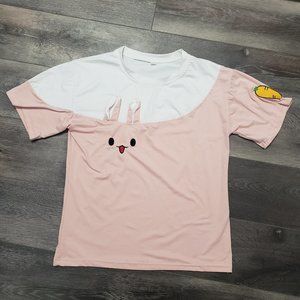 White and Pink Colorblock Bunny Kawaii Jersey Shirt Sleeve T Shirt Size Medium